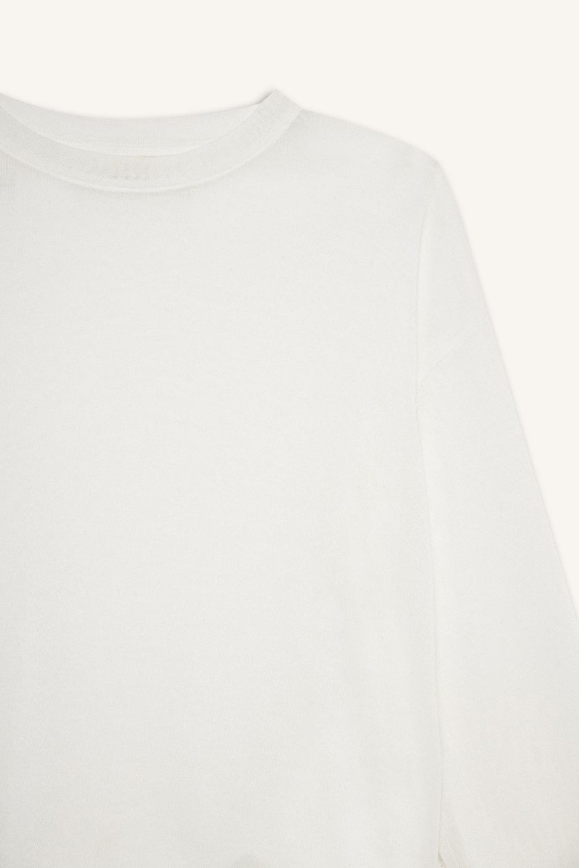 Kadın Ekru Relax Fıt Bisiklet Yaka Uzun Kollu Tişört