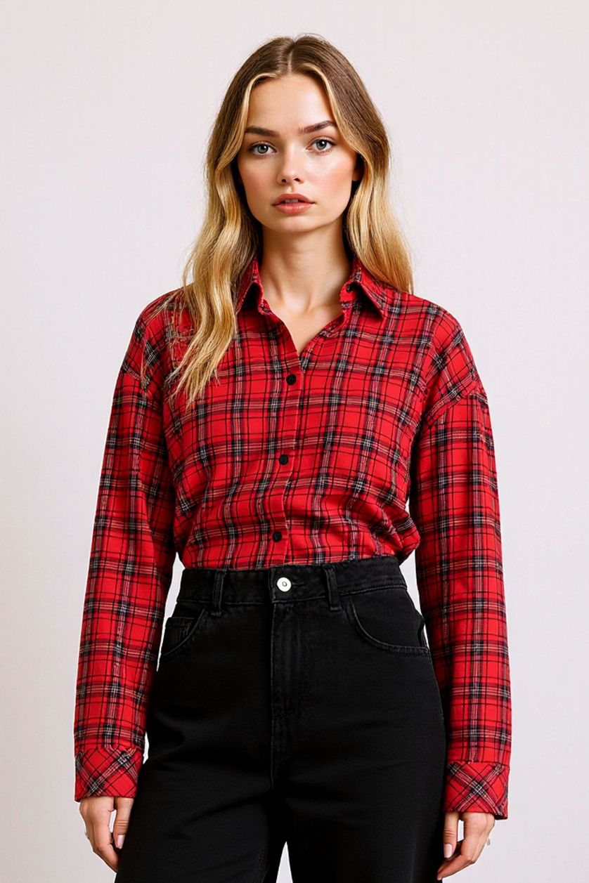 WOMAN Red Overshirt Fit Plaid Long Sleeve Shirt