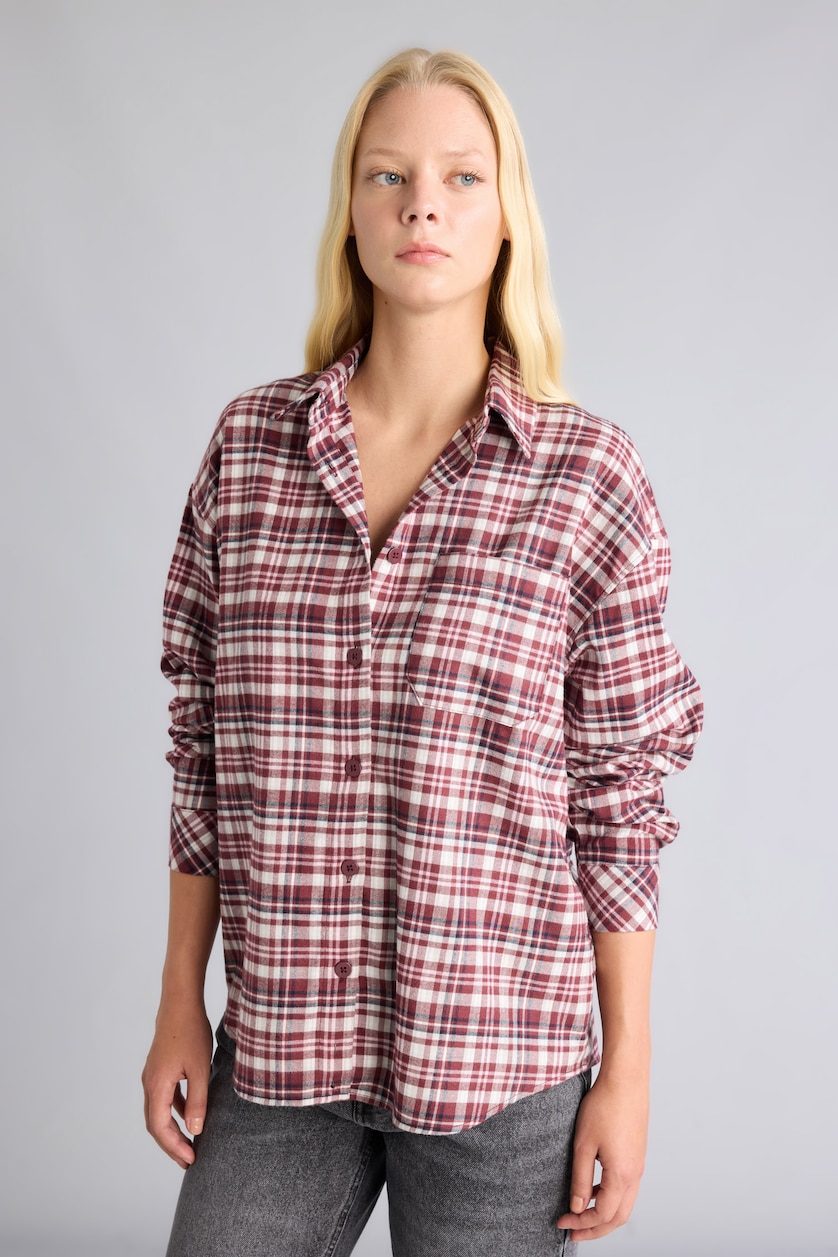 Women Bordeaux Flanel Long Sleeve Shirt