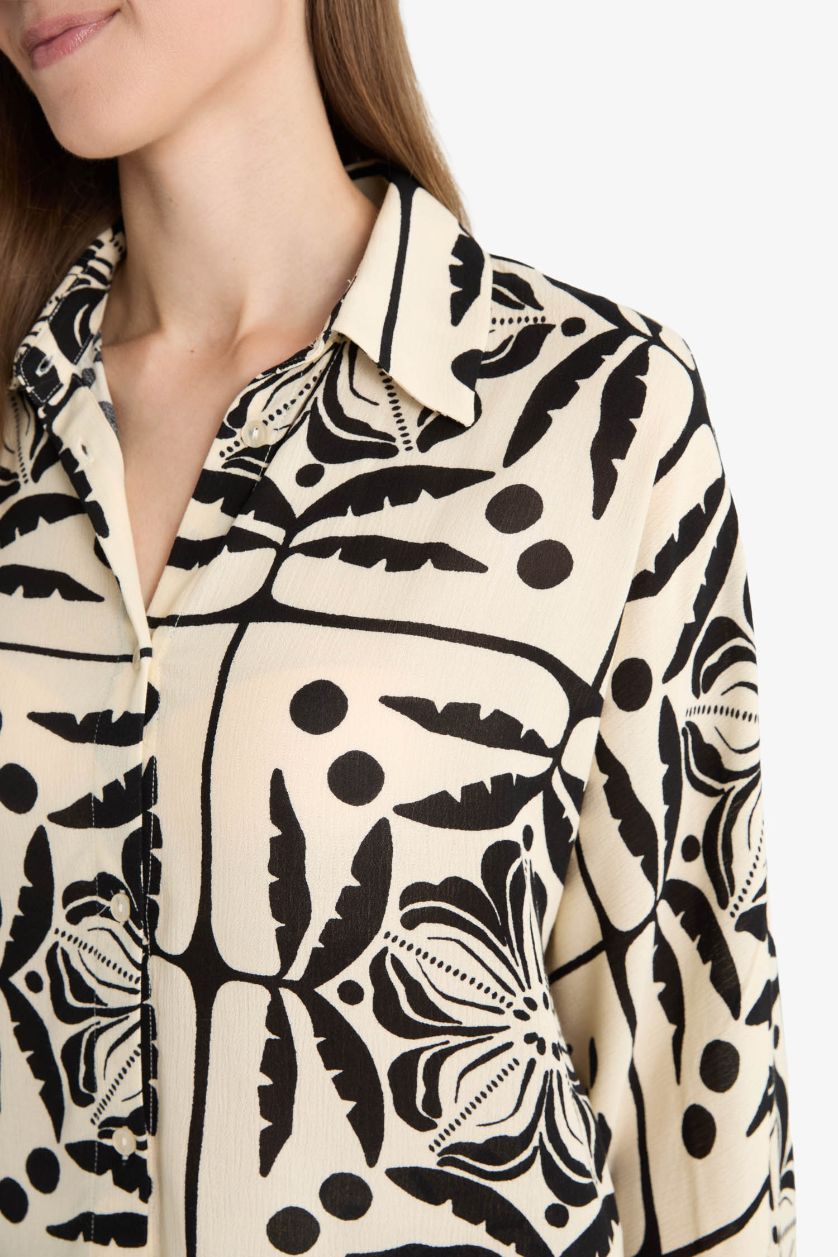 Kadın Ekru Regular Fit Desenli Krinkıl Viskon Uzun Kollu Gömlek 