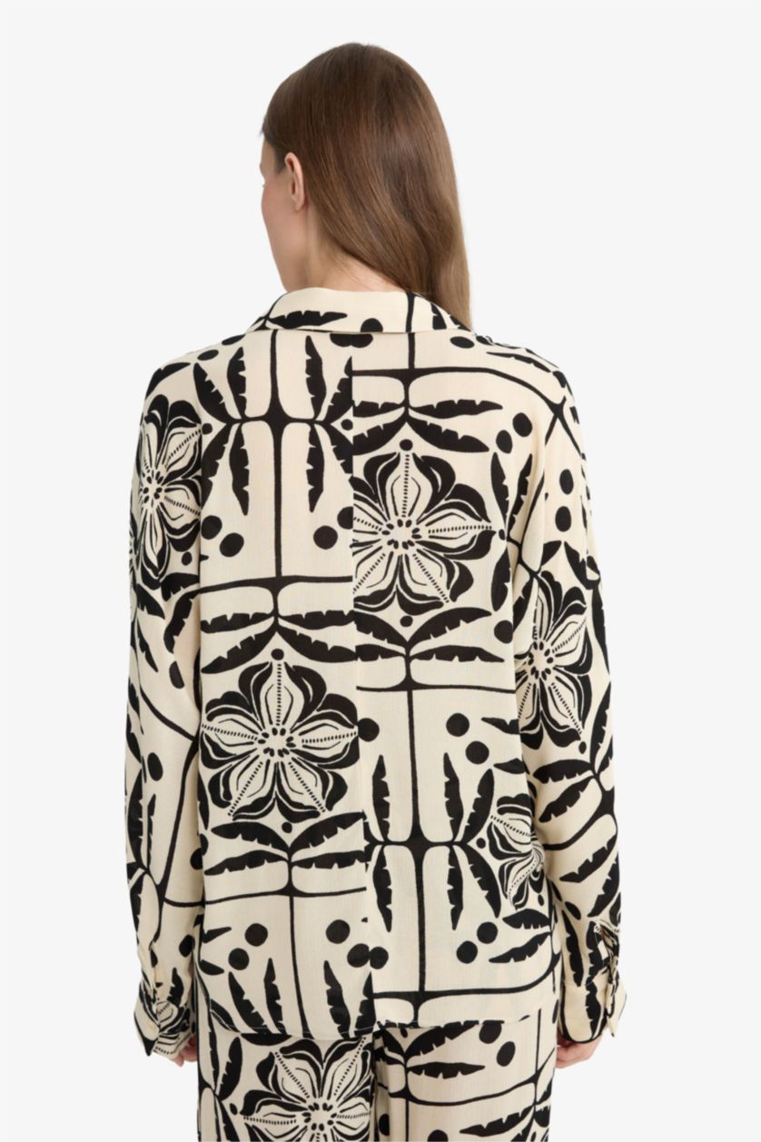 Kadın Ekru Regular Fit Desenli Krinkıl Viskon Uzun Kollu Gömlek 