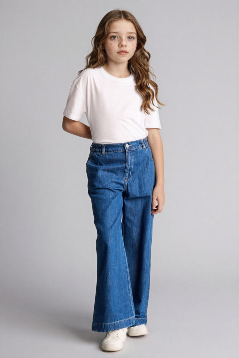 بنات أزرق بنطرون جينز بناتي قصة مريحة برجل واسع