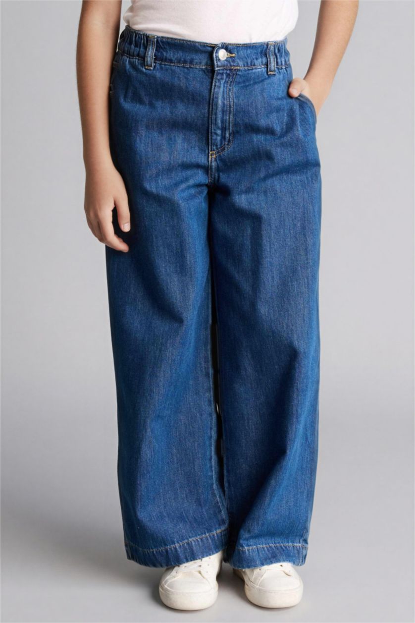 بنات أزرق بنطرون جينز بناتي قصة مريحة برجل واسع