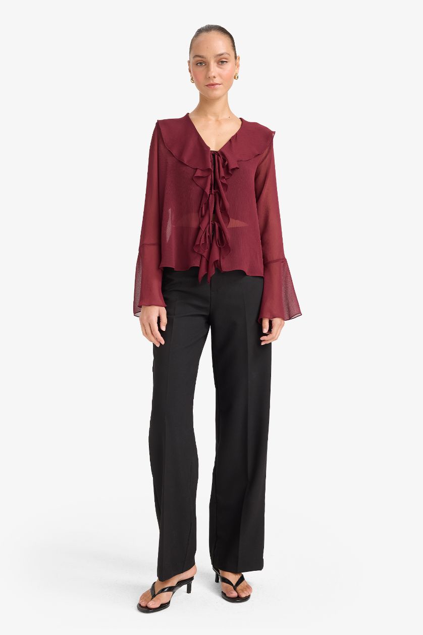 نساء خمري غامق بلوزة كم طويل قصة عادية بياقة V