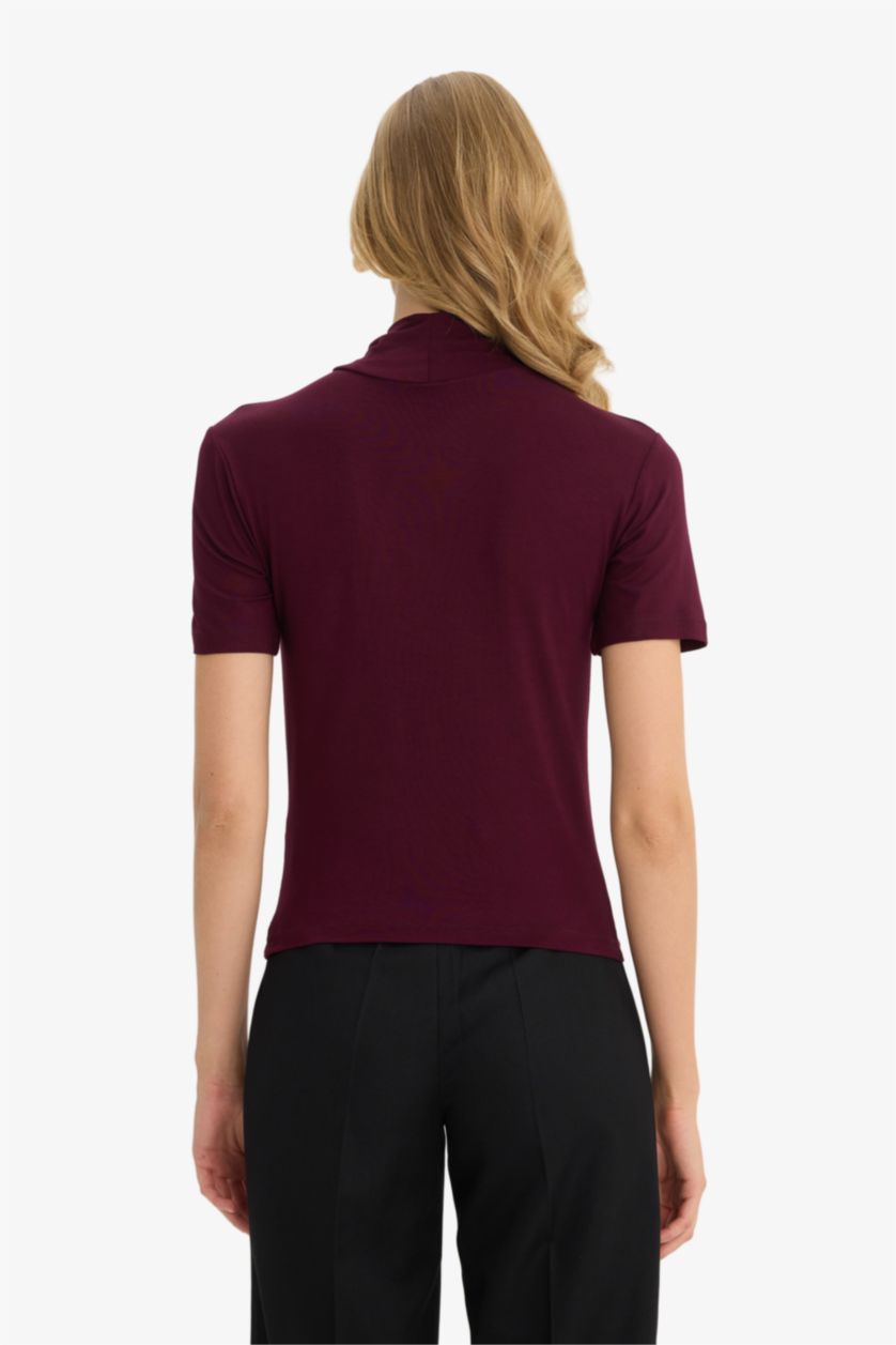 نساء خمري تيشيرت نص ردن سادة سليم فيت بياخة عالية