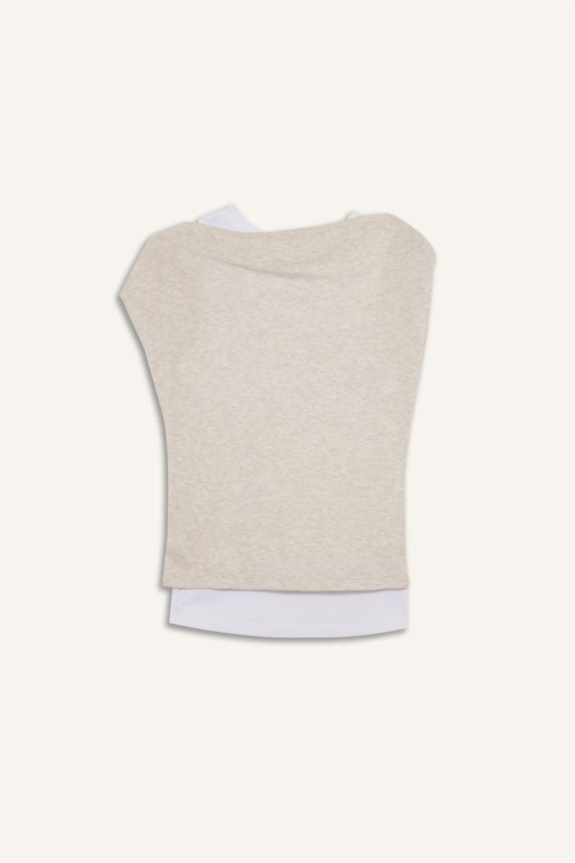 Kadın Taş Slım Fıt Tek Omuzlu Ribana Kısa Kollu Tişört