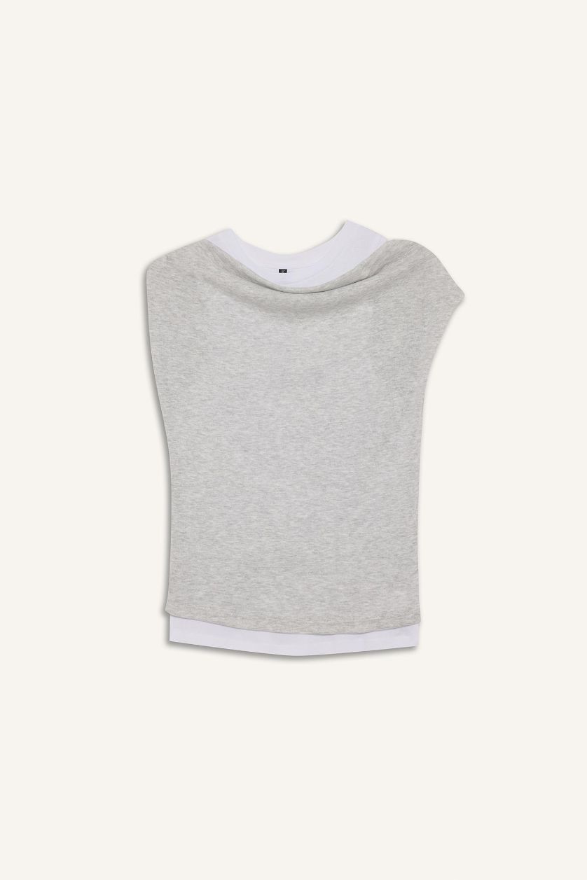 نساء ميلانج رمادي تيشيرت نص ردن سليم فيت قصة ضيقة بكتف واحد