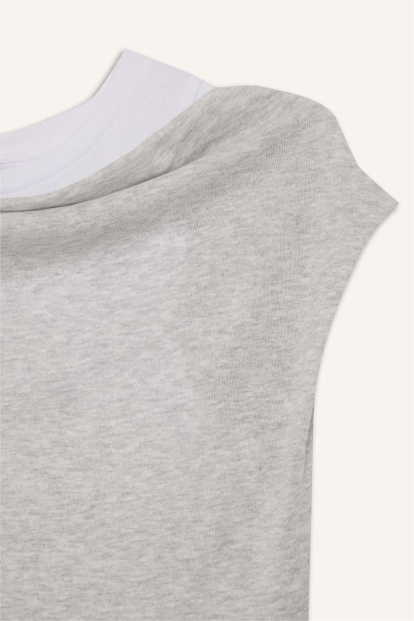 نساء ميلانج رمادي تيشيرت نص ردن سليم فيت قصة ضيقة بكتف واحد