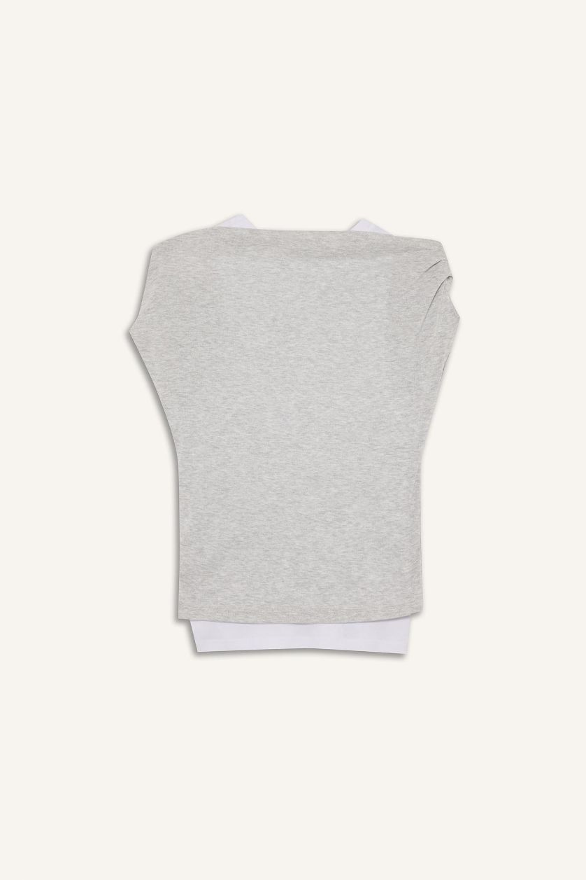 نساء ميلانج رمادي تيشيرت نص ردن سليم فيت قصة ضيقة بكتف واحد