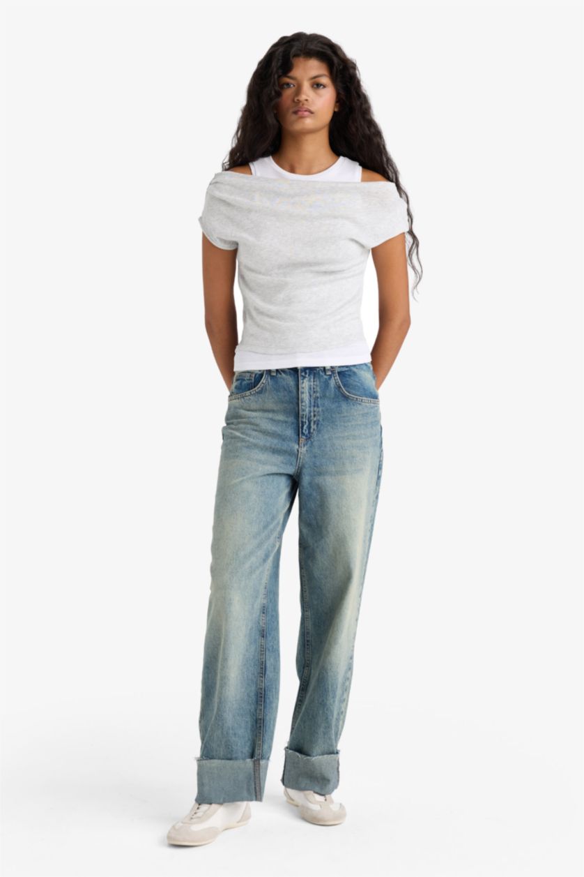 Women Grey Melange Slim Fit Ribana Short Sleeve T-Shirt