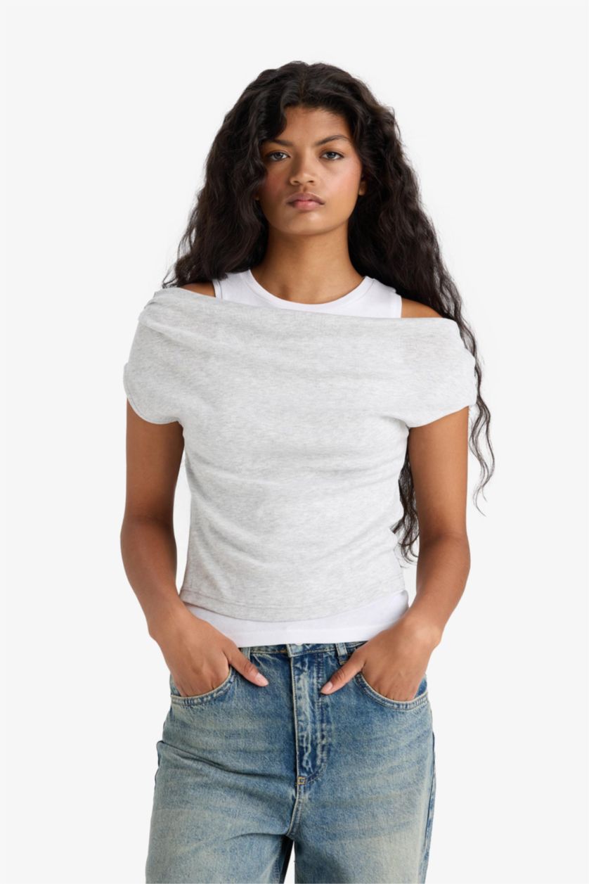 Women Grey Melange Slim Fit Ribana Short Sleeve T-Shirt