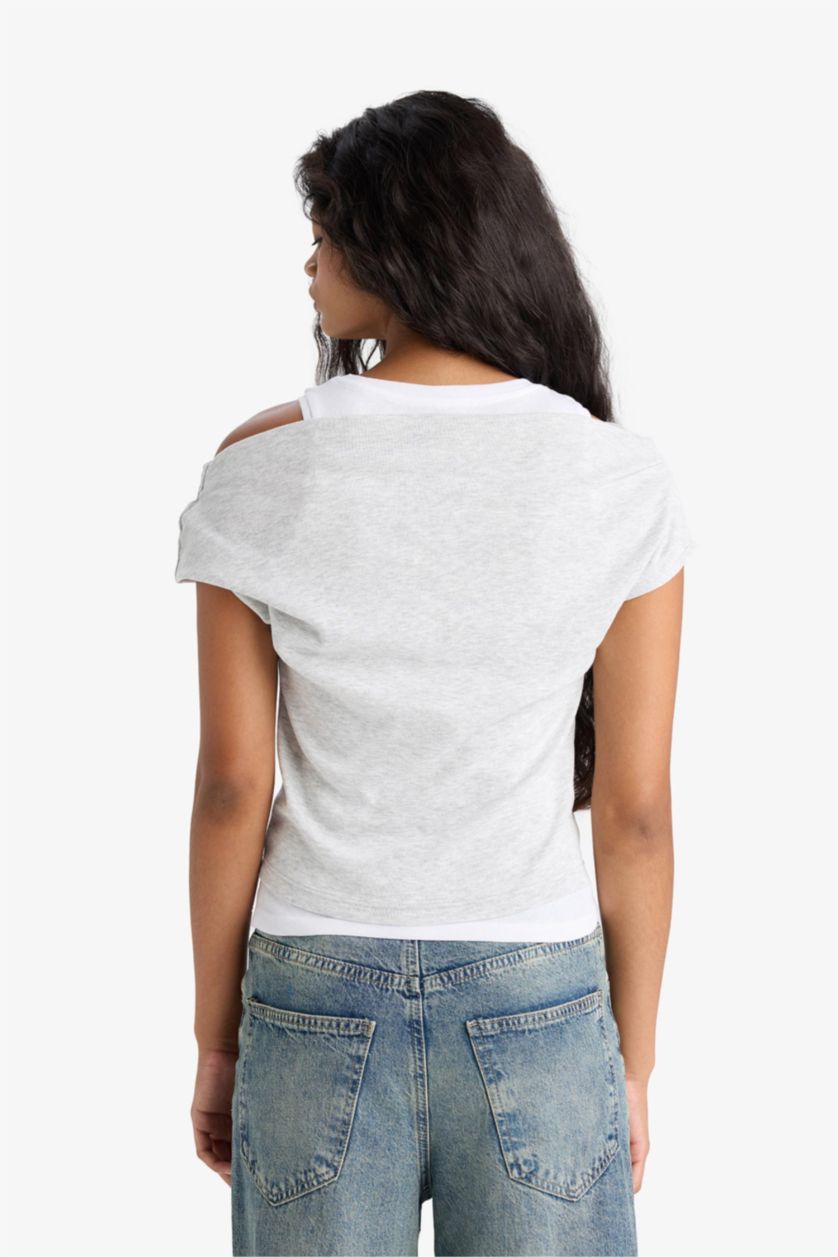 Women Grey Melange Slim Fit Ribana Short Sleeve T-Shirt