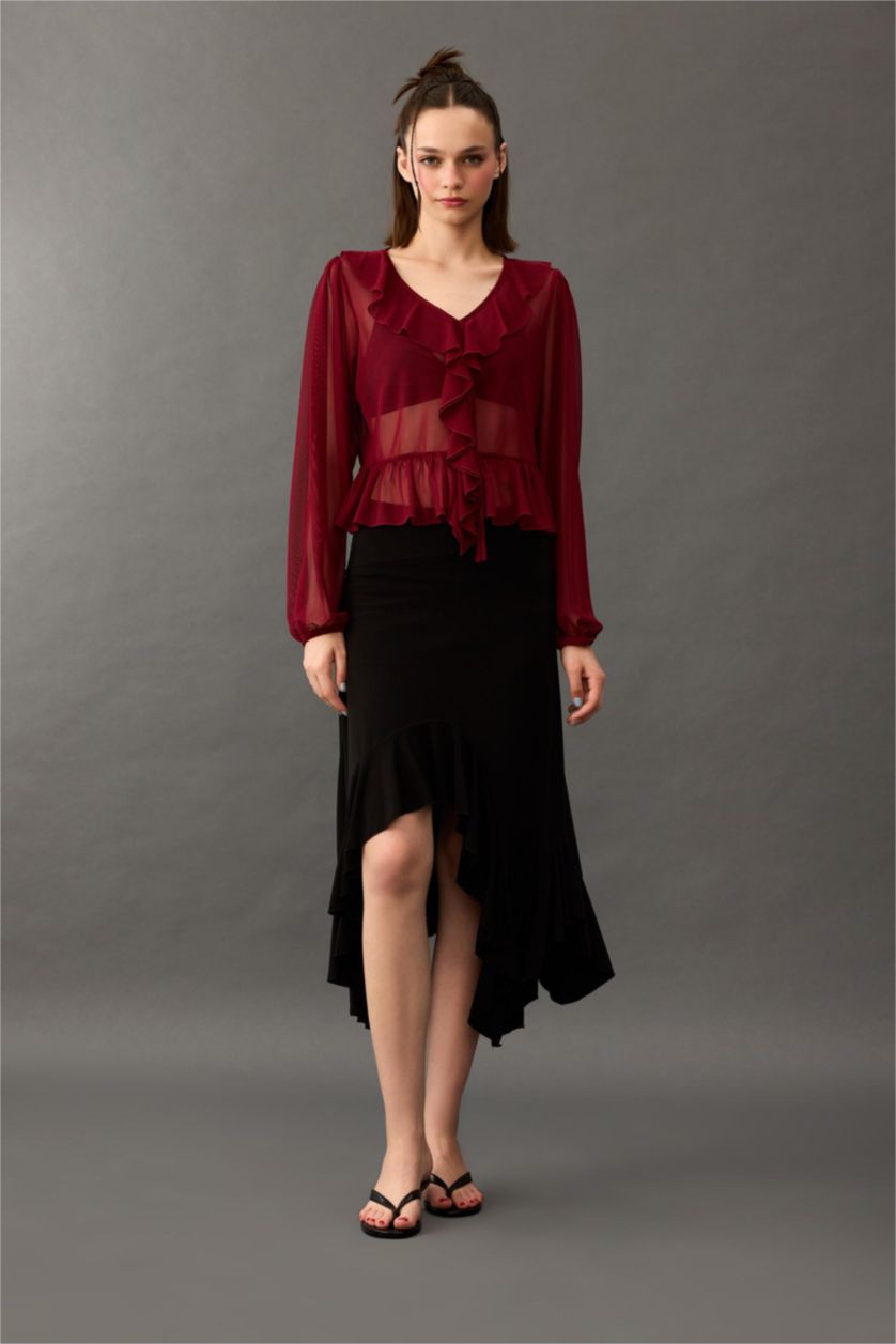 Kadın Bordo V Yaka Şifon Volanlı Uzun Kollu Bluz