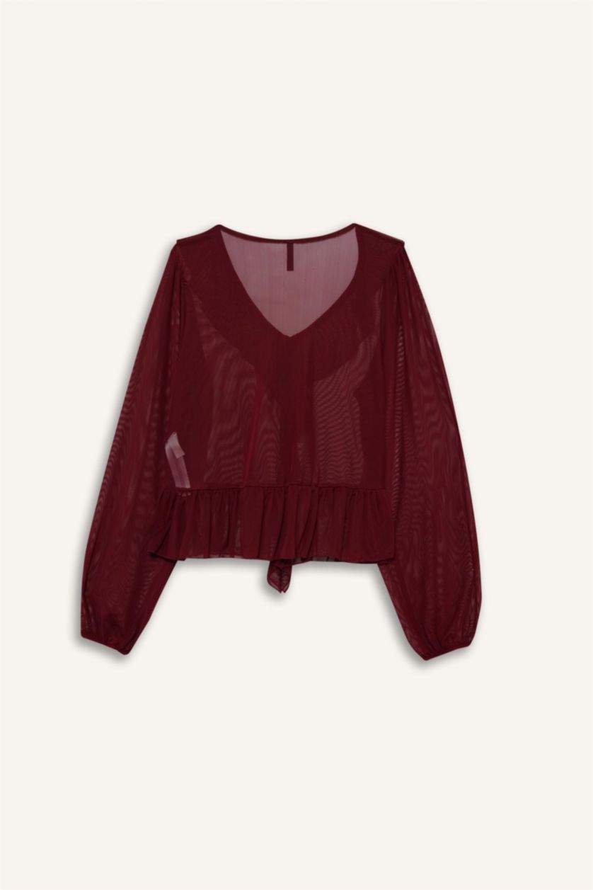 Kadın Bordo V Yaka Şifon Volanlı Uzun Kollu Bluz