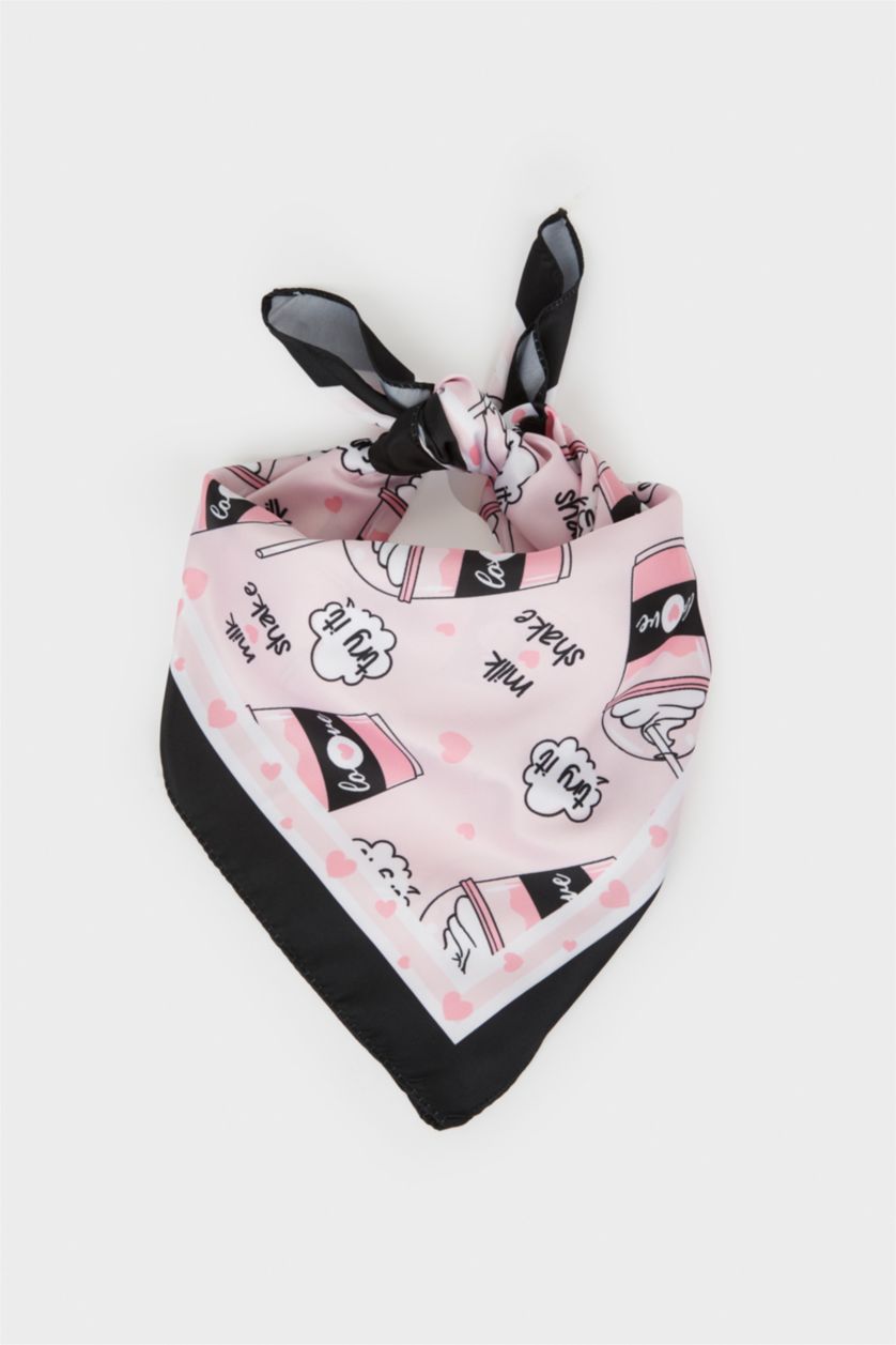 Kız Çocuk - Genç Kız Açık Pembe Desenli Saten Fular Kız Çocuk