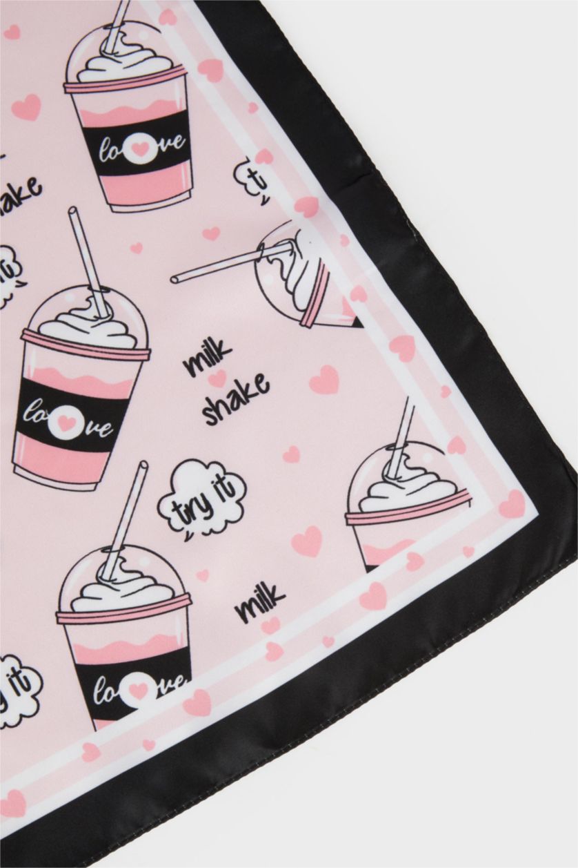 Kız Çocuk - Genç Kız Açık Pembe Desenli Saten Fular Kız Çocuk