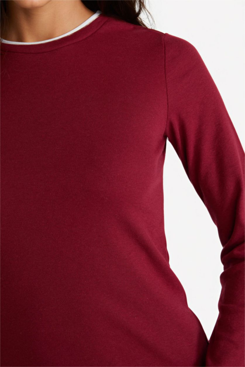 Woman Bordeaux Regular Fit Crew Neck Long Sleeve Ribbed Top