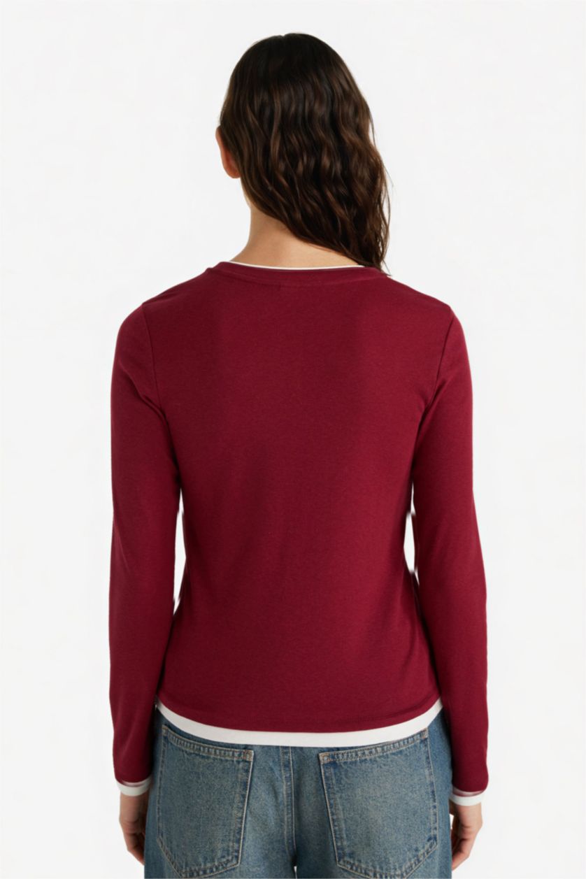 Woman Bordeaux Regular Fit Crew Neck Long Sleeve Ribbed Top