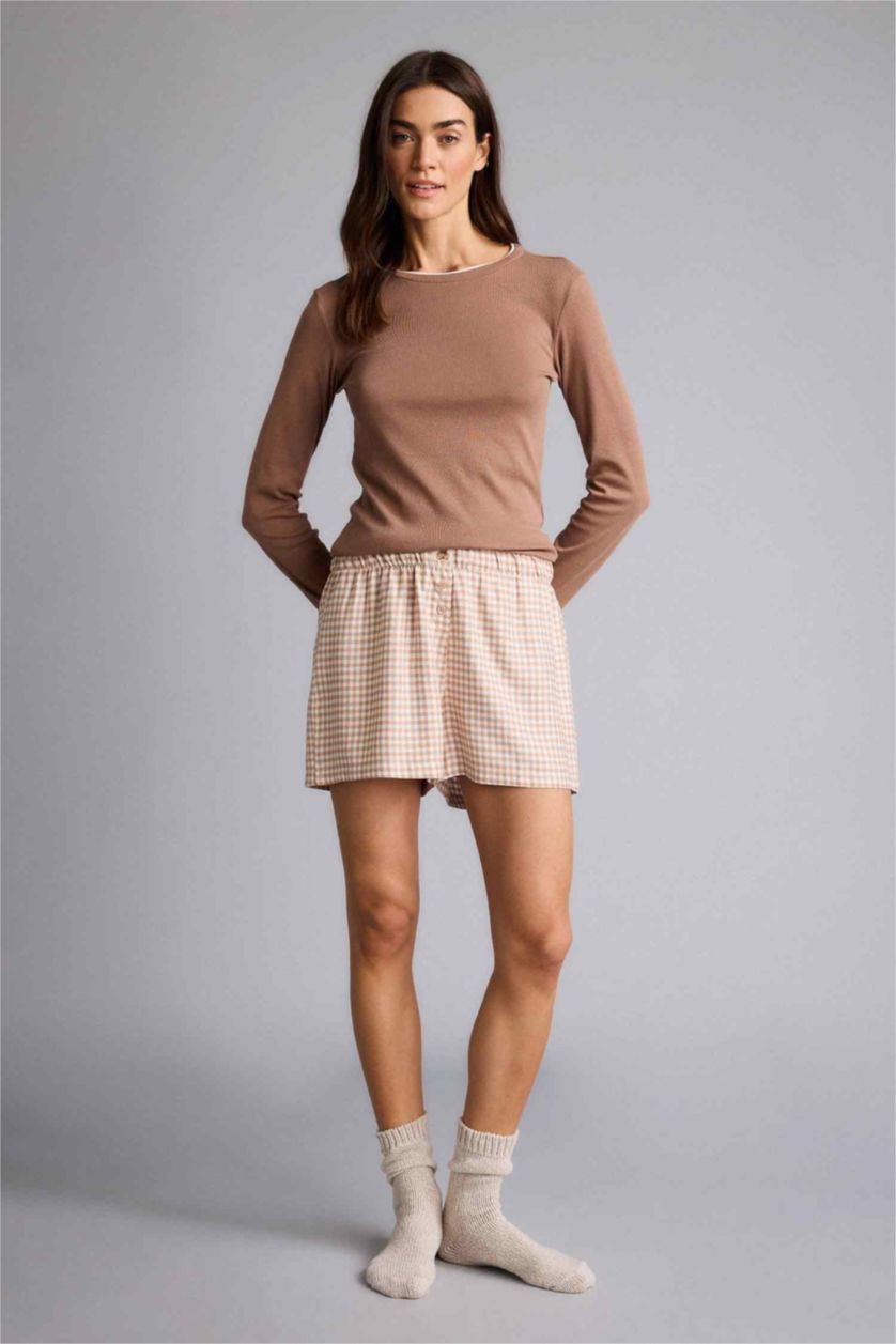 WOMAN Light Brown Regular Fit Crew Neck Ribana Knitted Tops