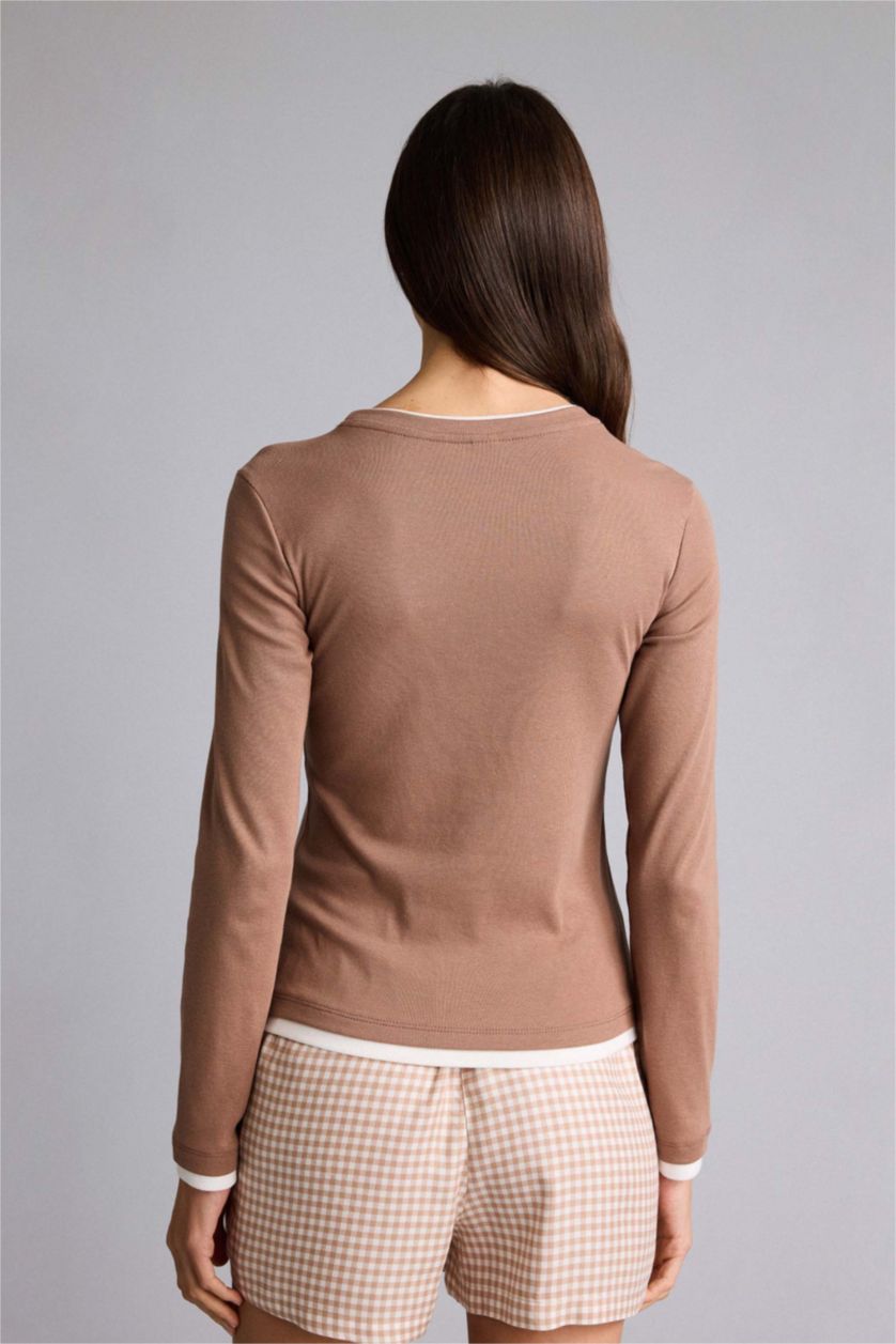 WOMAN Light Brown Regular Fit Crew Neck Ribana Knitted Tops