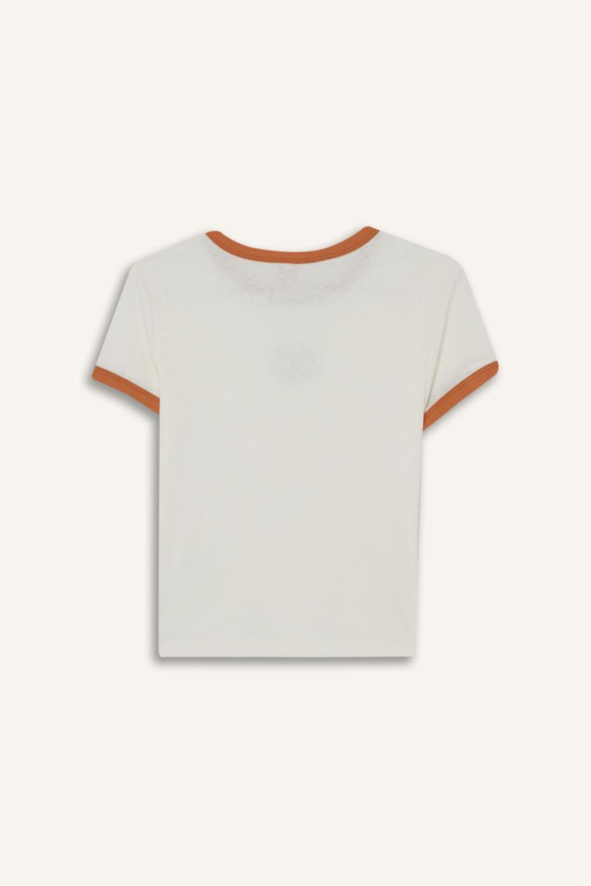 Kadın Ekru Fitted Bisiklet Yaka Baskılı Kısa Kollu Ribana Üst