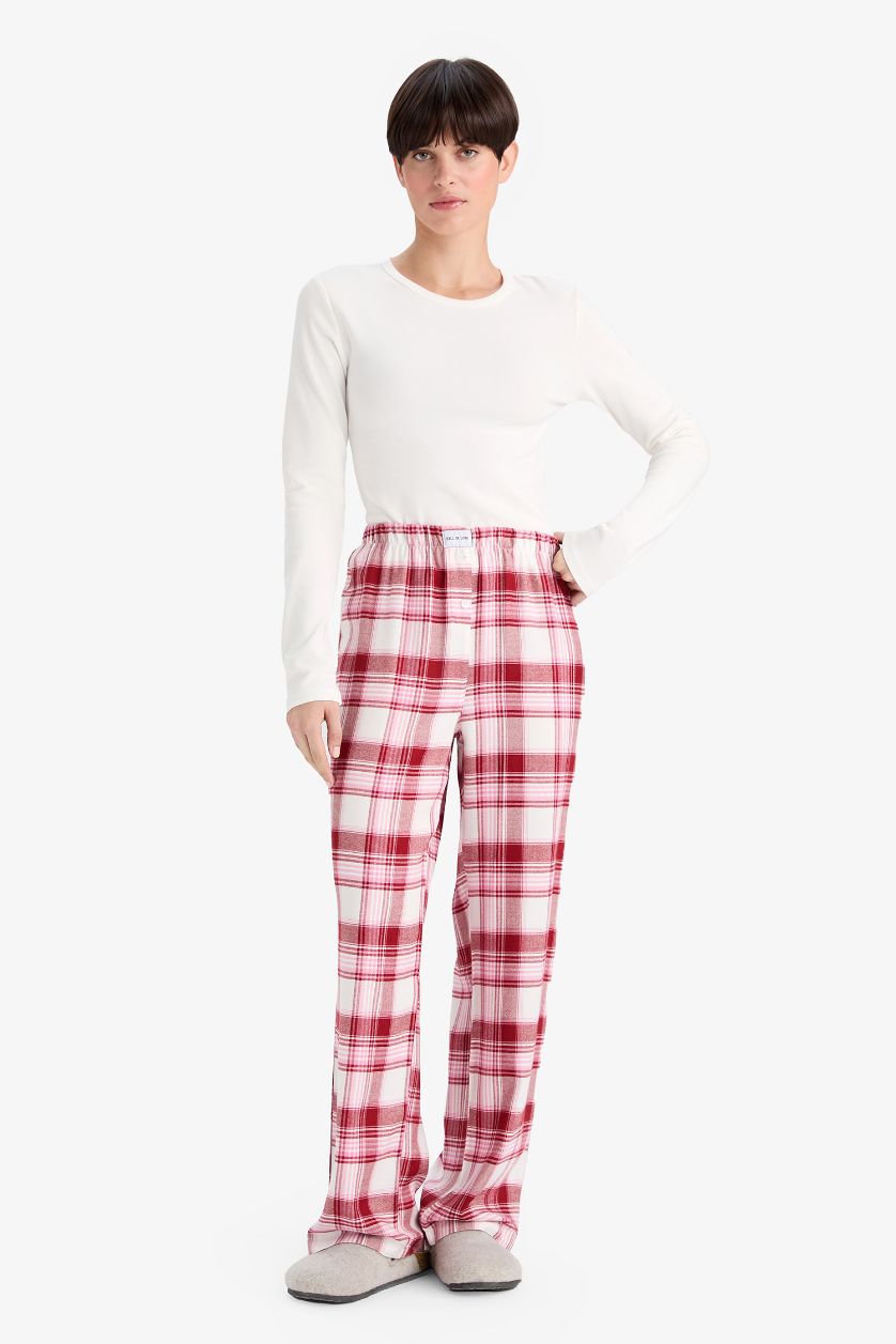 Kadın Bordo Regular Fit Uzun Kareli Pijama Altı