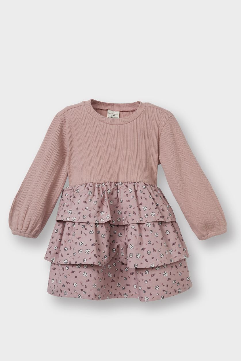 Kız Bebek Gülkurusu Çiçekli Uzun Kollu Fitilli Kaşkorse Elbise Kız Bebek