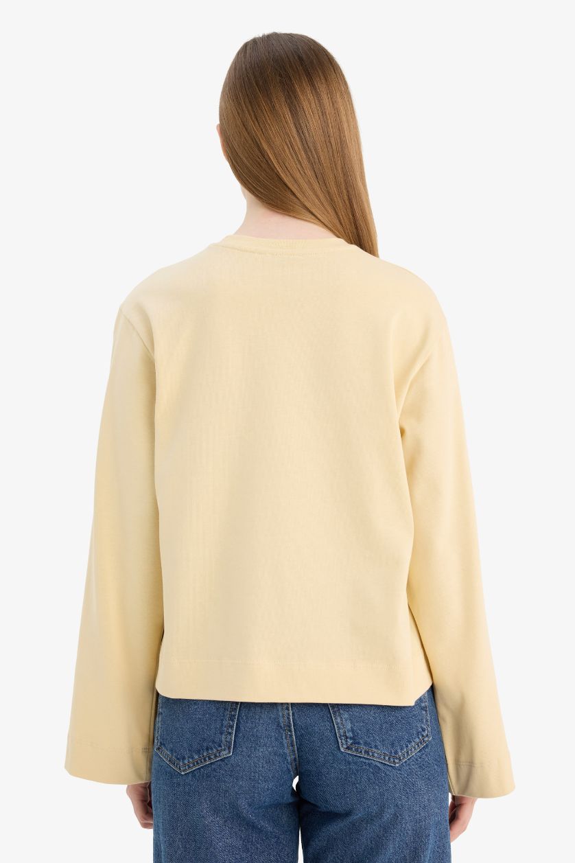 Woman Light Yellow Regular Fit Crew Neck Long Sleeve Tunic