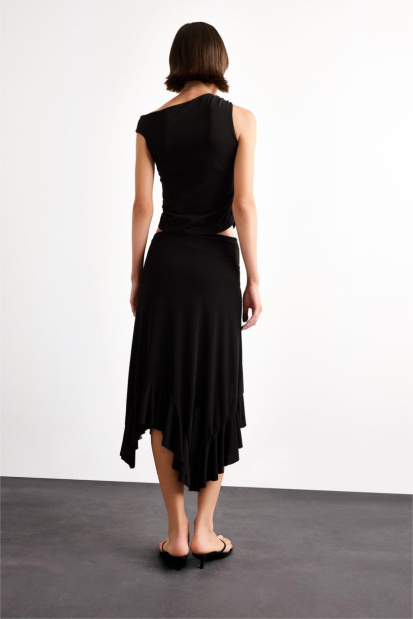 Kadın Siyah Beli Lastikli Asimetrik Midi Etek