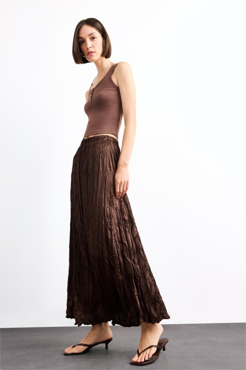 Woman Brown Relax Fit Satin Elastic Band Skirt