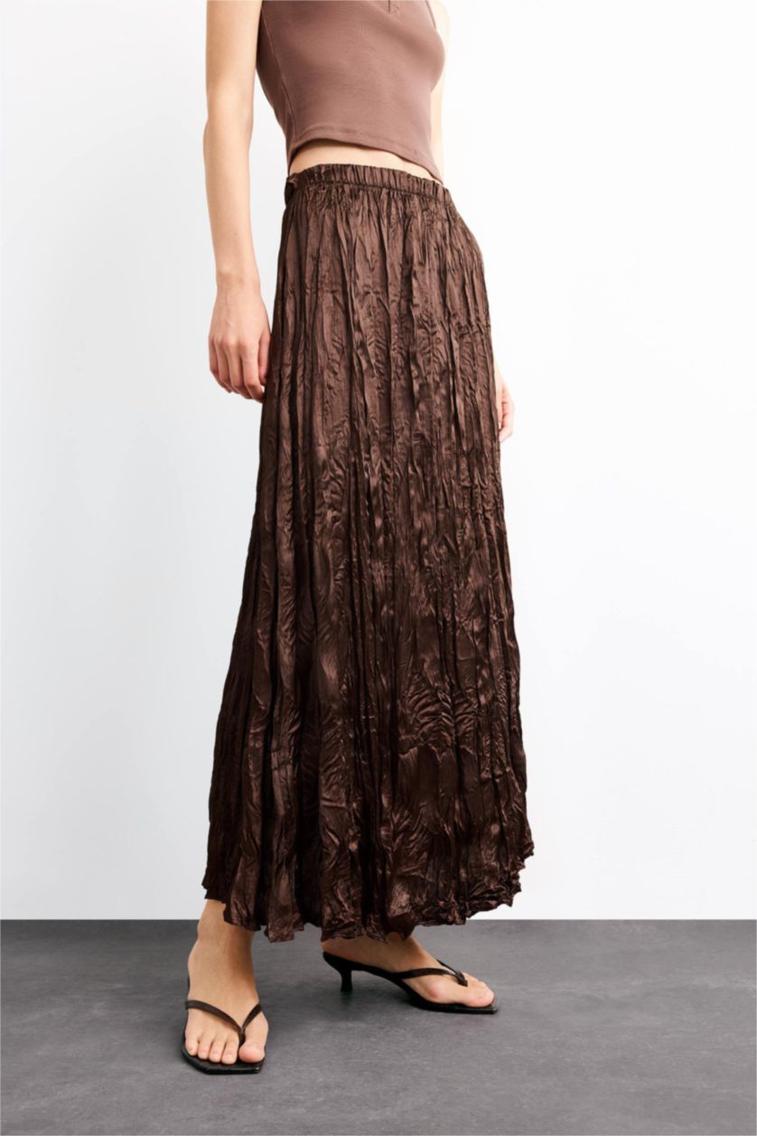 Woman Brown Relax Fit Satin Elastic Band Skirt