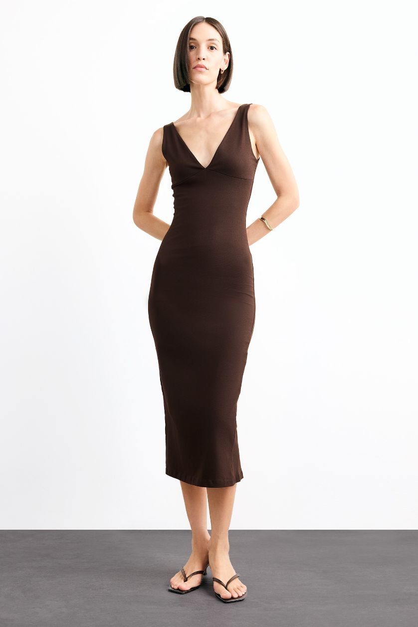 Woman Brown Sleeveless Midi Dress