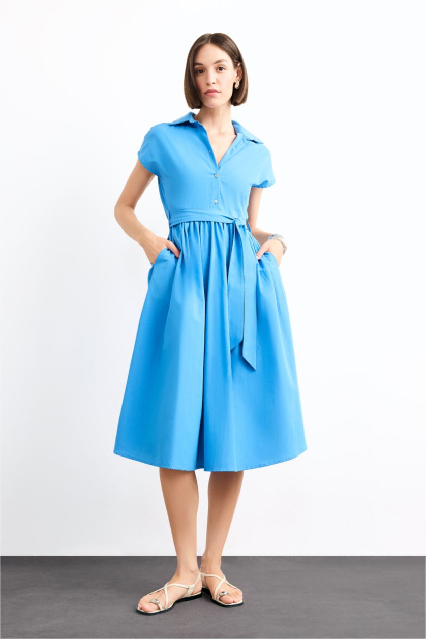 Woman Light Blue Terry Cotton Short Sleeve Long Length Dress