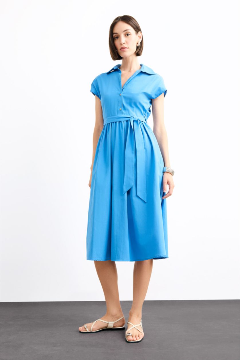 Woman Light Blue Terry Cotton Short Sleeve Long Length Dress
