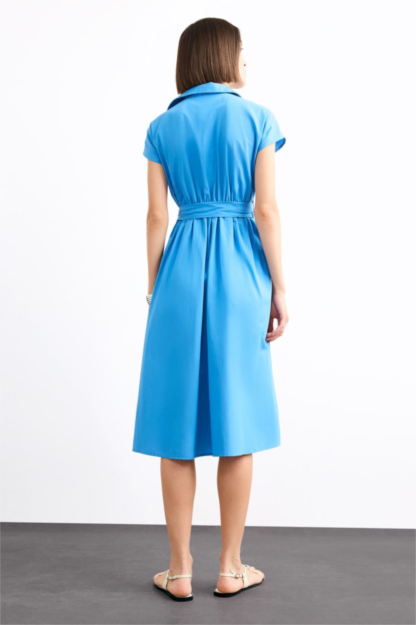 Woman Light Blue Terry Cotton Short Sleeve Long Length Dress