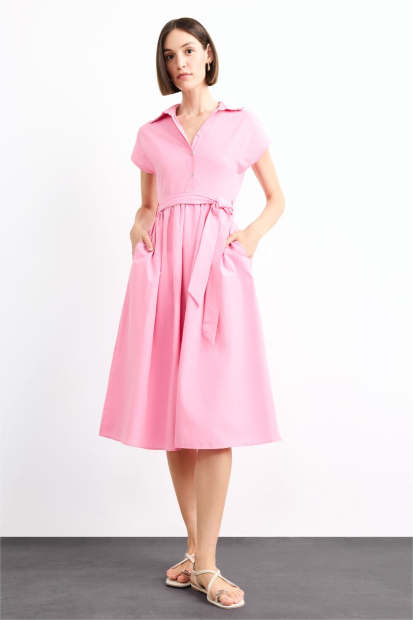Woman Pink Terry Cotton Short Sleeve Long Length Dress