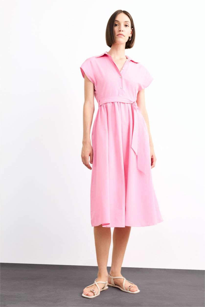Woman Pink Terry Cotton Short Sleeve Long Length Dress