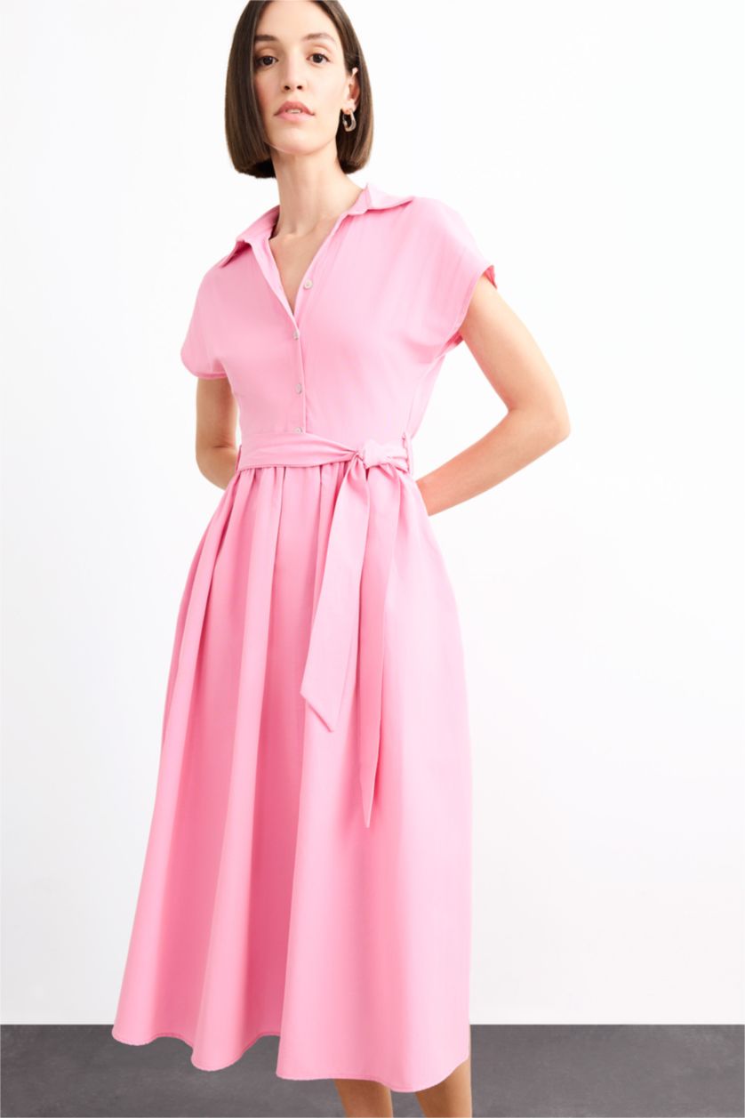 Woman Pink Terry Cotton Short Sleeve Long Length Dress