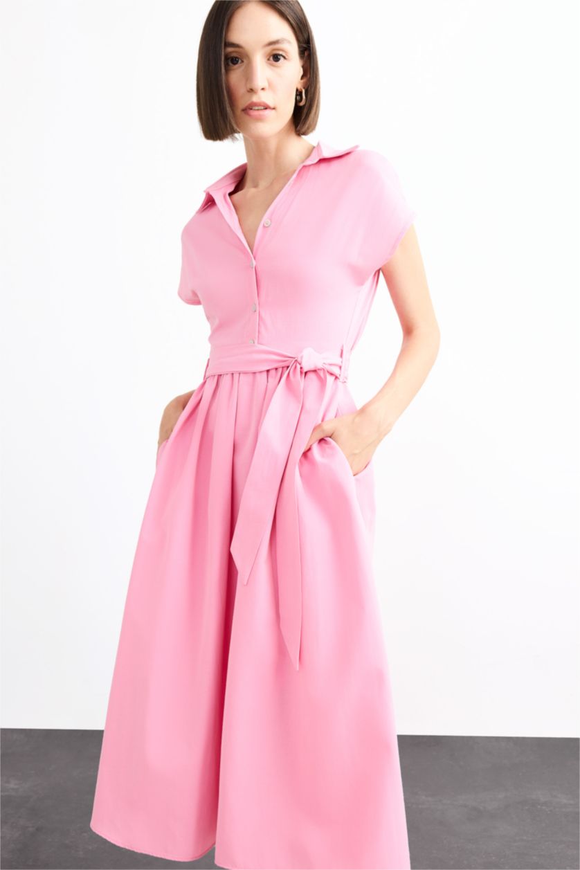 Woman Pink Terry Cotton Short Sleeve Long Length Dress
