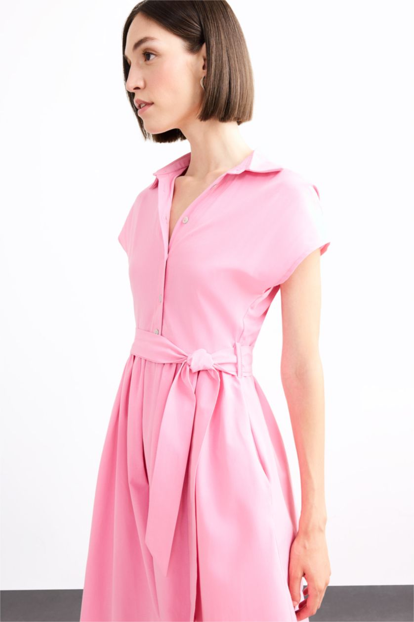 Woman Pink Terry Cotton Short Sleeve Long Length Dress