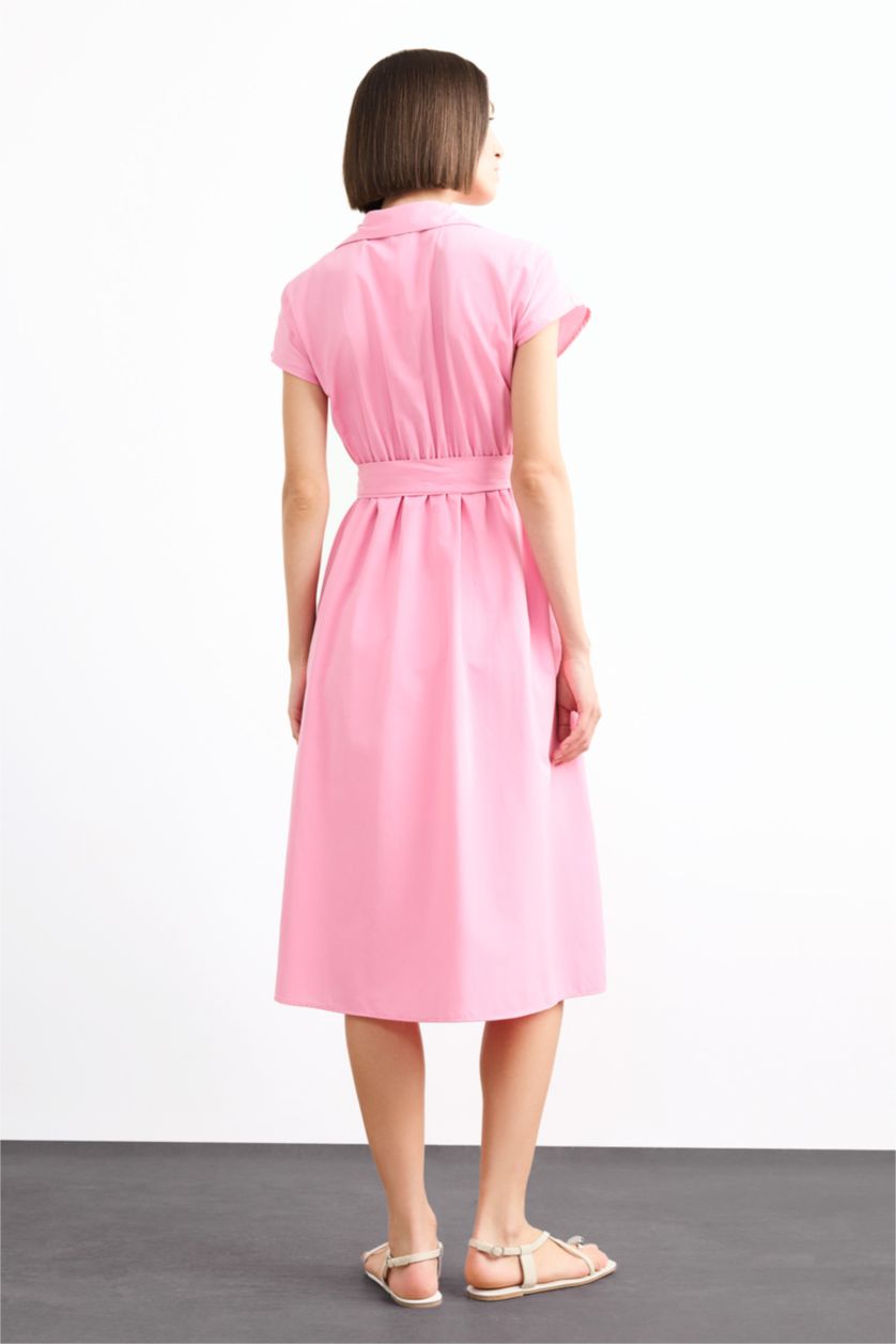 Woman Pink Terry Cotton Short Sleeve Long Length Dress