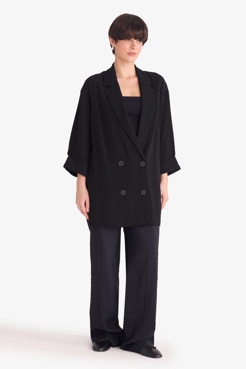 حريمي أسود بليزر قصة عادية قطن بياقة جاكيت