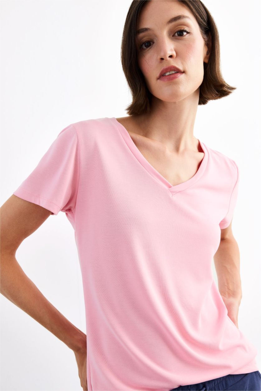 Kadın Pembe V Yaka Modal Kısa Kollu Tişört