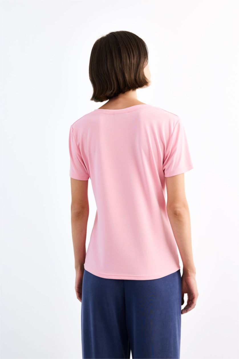 Kadın Pembe V Yaka Modal Kısa Kollu Tişört