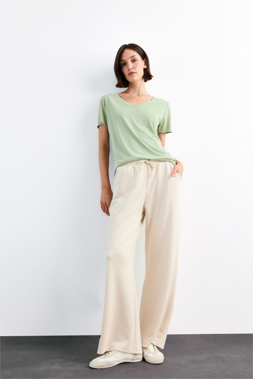 Kadın Deniz Mavisi V Yaka Modal Kısa Kollu Tişört