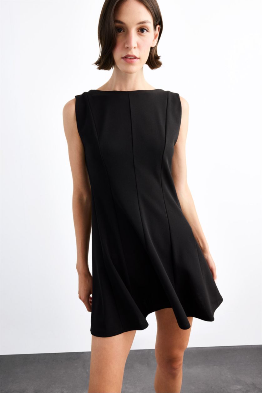 Kadın Siyah Skuba Dalgıç Kumaş Kolsuz Mini Elbise
