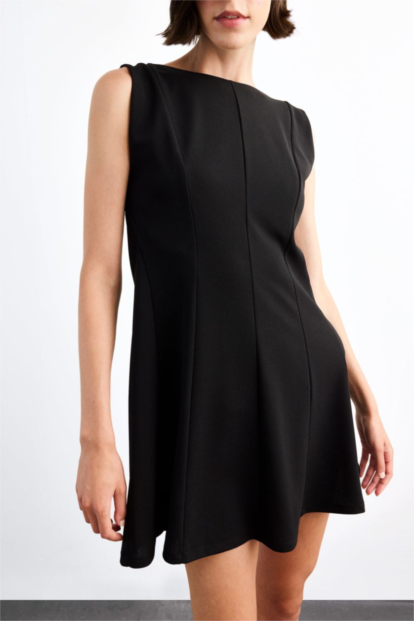 Kadın Siyah Skuba Dalgıç Kumaş Kolsuz Mini Elbise