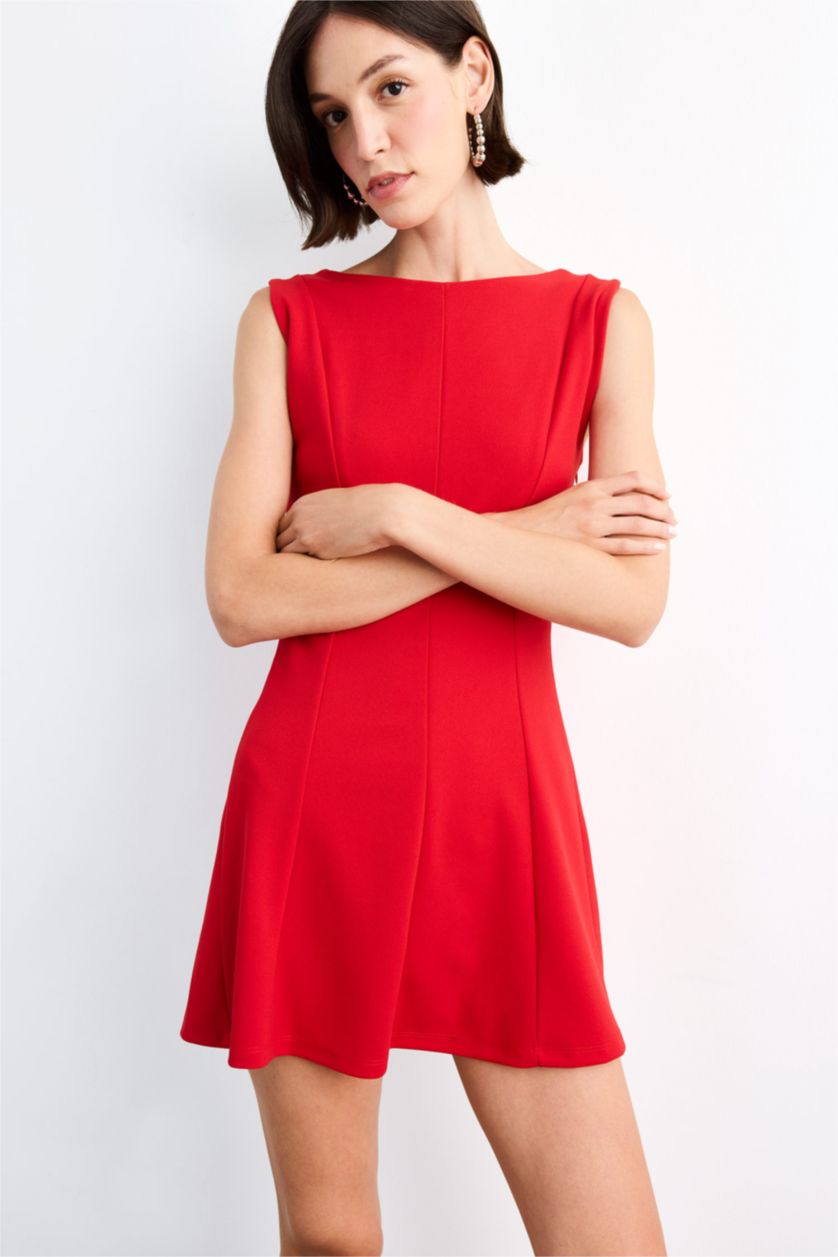 Woman Red Scuba Fabric Sleeveless Mini Dress
