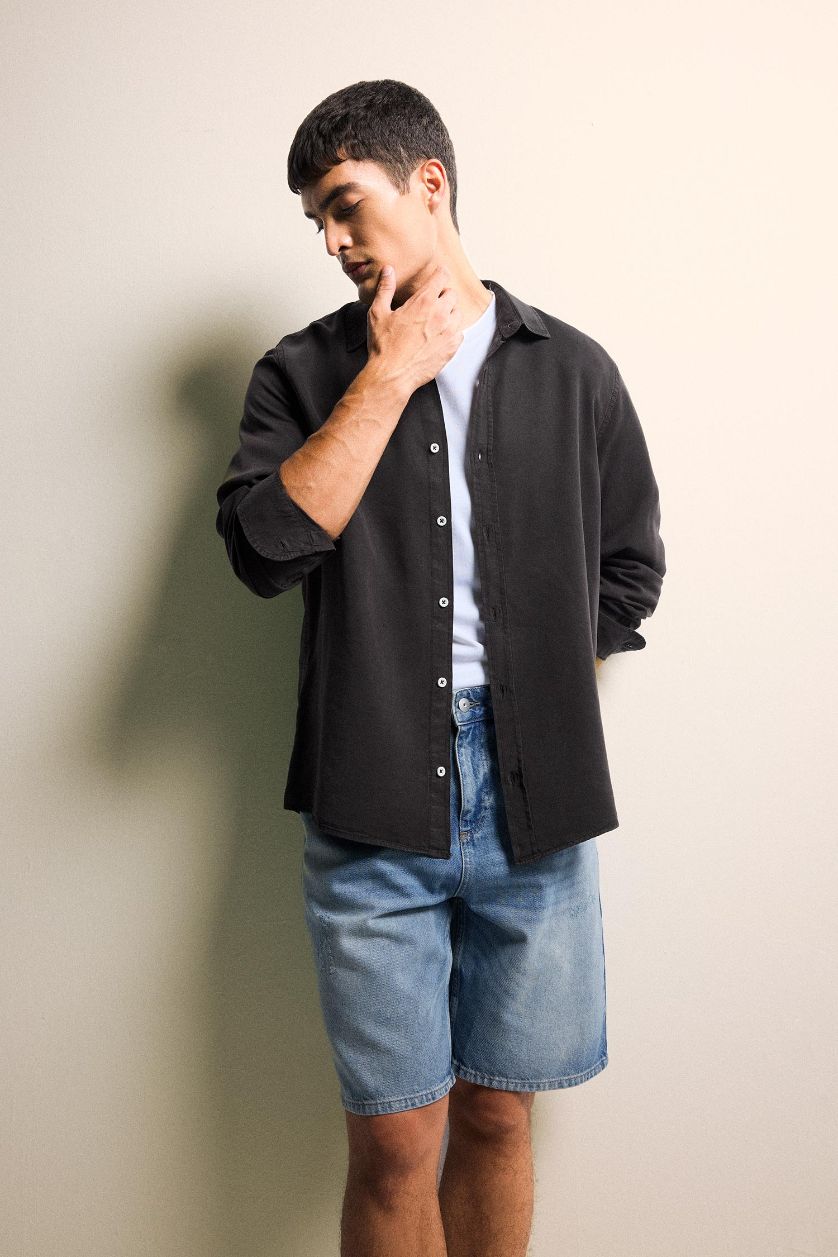 Man Dark Brown Regular Fit Twill Long Sleeve Shirt