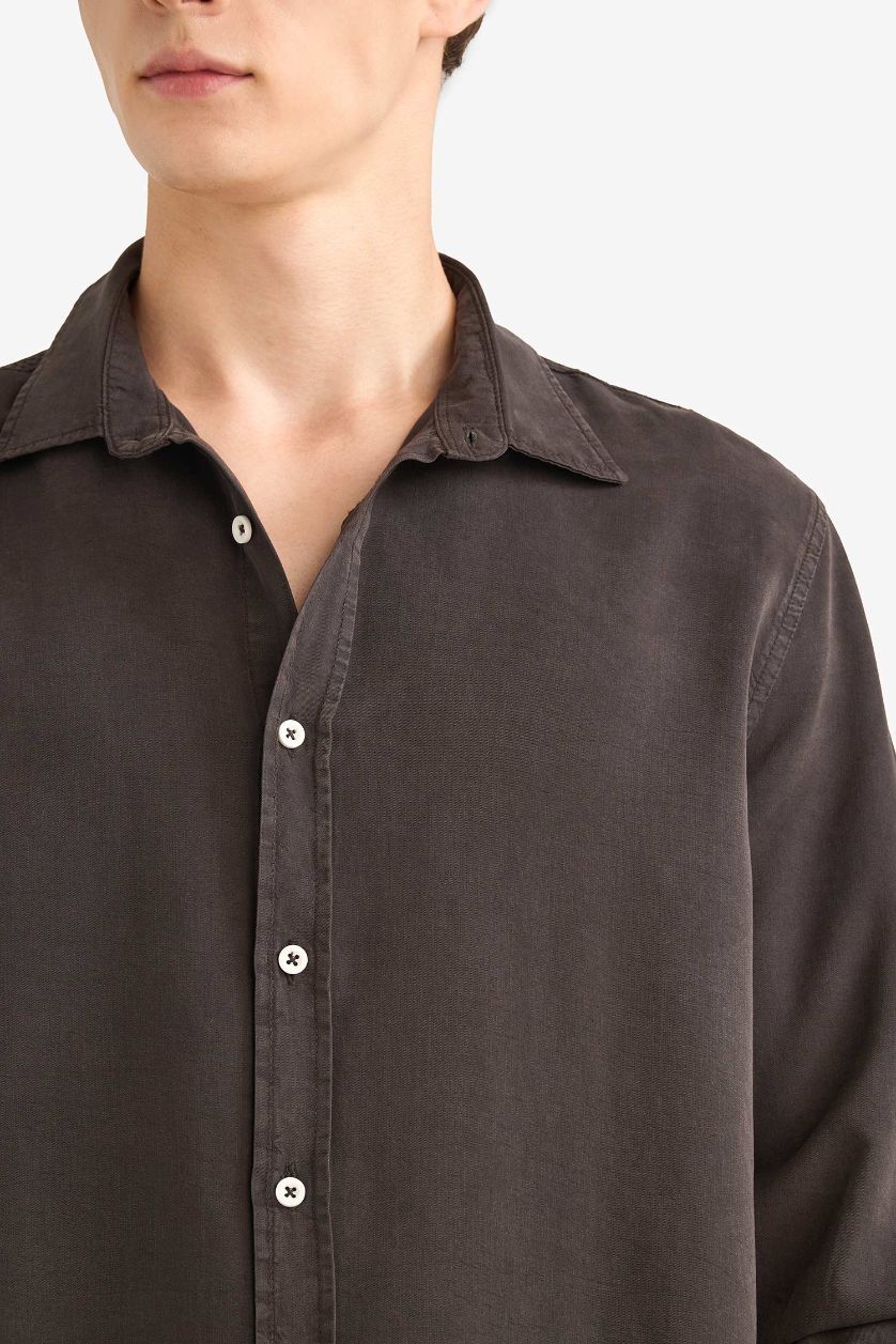 Man Dark Brown Regular Fit Twill Long Sleeve Shirt